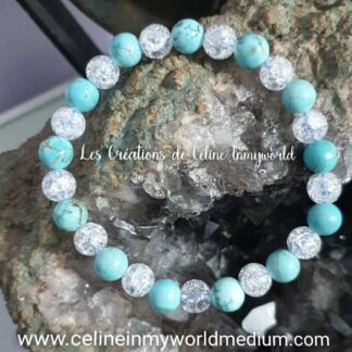 Bracelet pour équilibrer ses forces et énergies, en Cristal de roche craquelé et Turquoise