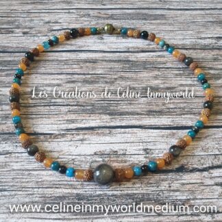 Collier de grande protection énergétique, pour la motivation et la sérénité, en Obsidienne argentée, Appatite bleue, Aventurine orange et Graines de Rudraksha. Avec fermoir magnétique