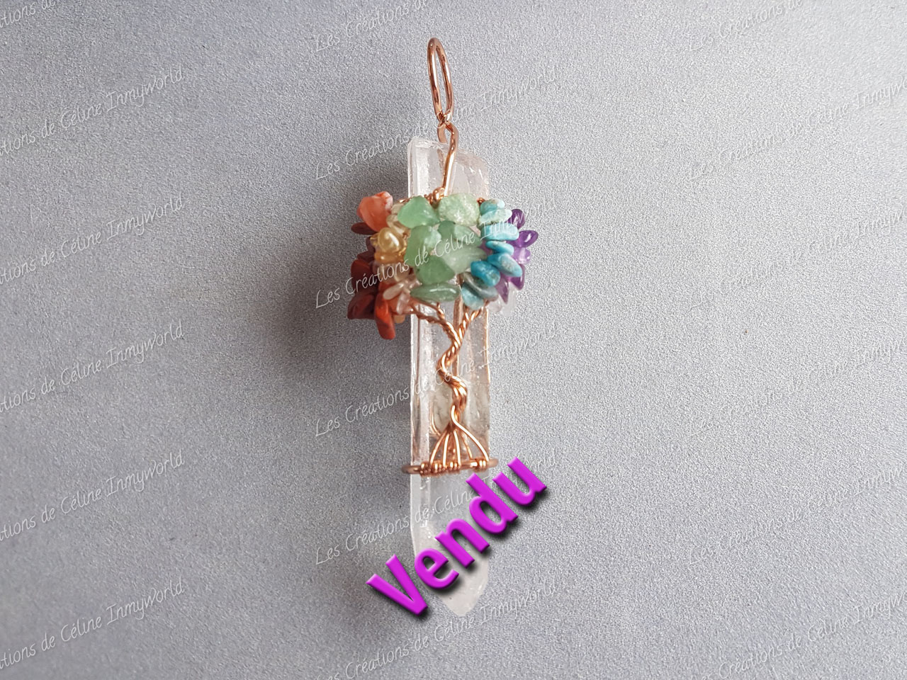 Pendentif Arbre de vie 7 chakras sur Cristal de roche en Jaspe rouge, etc...