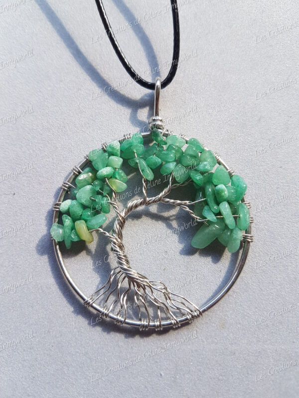 Pendentif Arbre de vie argenté en aventurine verte