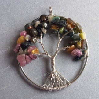 Pendentif Arbre de vie argenté en Tourmaline polychrome