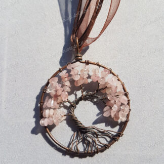 Pendentif Arbre de vie bronze en Quartz rose