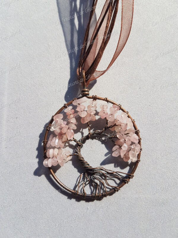 Pendentif Arbre de vie bronze en Quartz rose