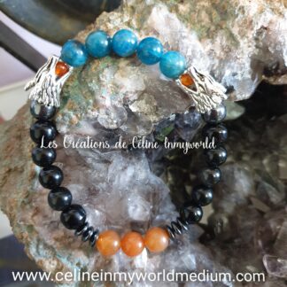 Bracelet pour la clairvoyance et trouver la motivation pour son développement personnel, avec l'énergie des Dragons en Obsidienne noire , Obsidienne arc-en-ciel, Apatite bleue, Aventurine orange et Hématite