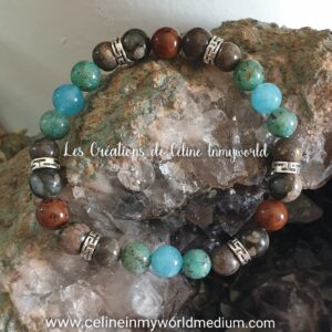Bracelet Chemin de vie, en Chrysocolle, Aigue-marine, Obsidienne Acajou, Vulcanite et Opale du Honduras