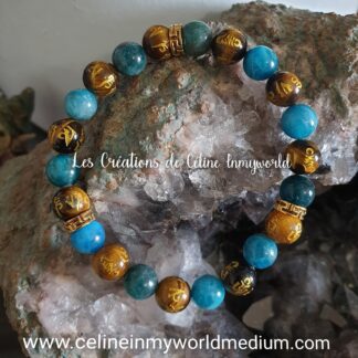 Bracelet pour la communication, le stress et la motivation, en Apatite bleue et Oeil-de-tigre avec mantras tibétains de protection