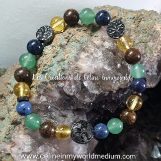 Bracelet pour la confiance en soi et se libérer du stress, en Aventurine verte, Citrine, Bronzite, Dumortiérite et Arbres de vie en Hématite