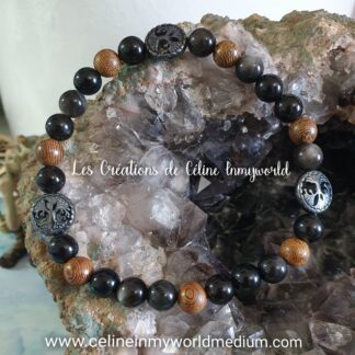 Bracelet pour la protection énergétique, en Obsidienne argentée, Bois de santal et Arbres de vie en Hématite