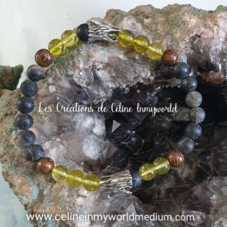 Bracelet pour la sérénité et la colère, en Olivine, Agate noire et blanche et Bois de Santal, avec têtes de dragons