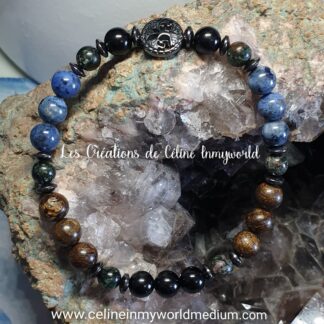 Bracelet pour la sérénité et se libérer du stress, en Séraphinite, Bronzite, Tourmaline noire, Dumortiérite et Arbre de vie en Hématite