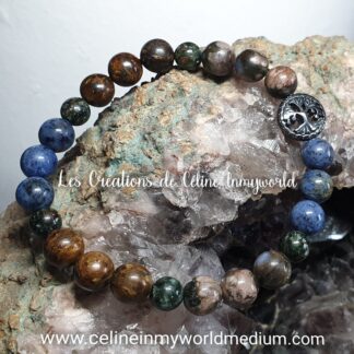 Bracelet pour le lâcher-prise, en Bronzite, Séraphinite, Dumortiérite et Vulcanite avec Arbre de vie en Hématite