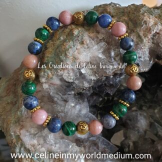 Bracelet pour le lâcher-prise et le pardon en Rhodonite rose, Malachite et Dumortiérite, avec symbole AUM