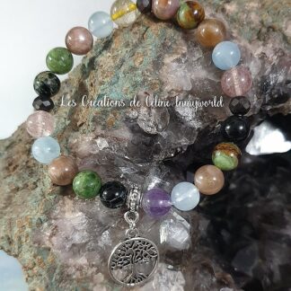 Bracelet pour se reconnecter à soi, en Chrysoprase, Tourmaline Polychrome, Aigue-marine, Pierre de lune grise et Topaze, avec arbre de vie