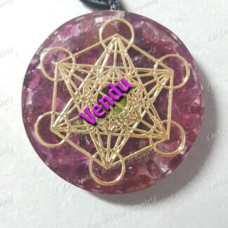 Pendentif Orgonite rond avec Cube de Métatron en Grenat