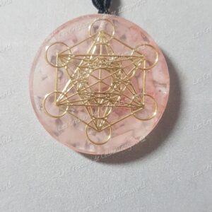 Pendentif Orgonite rond avec Cube de Métatron en Quartz rose