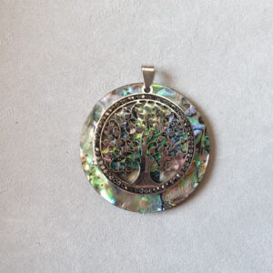 Pendentif rond en Abalone avec Arbre de vie argenté