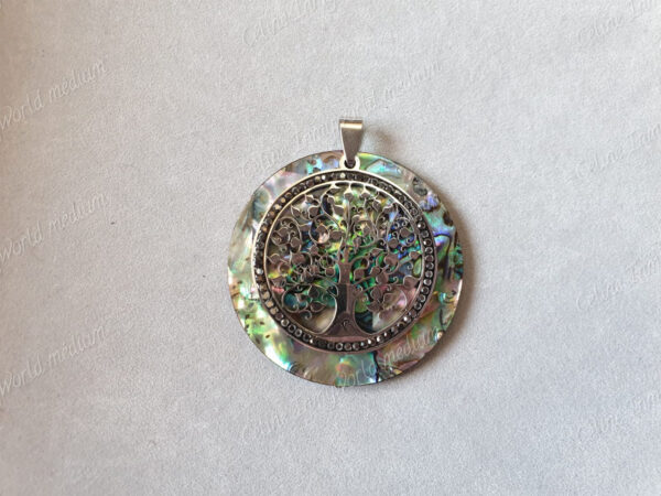 Pendentif rond en Abalone avec Arbre de vie argenté