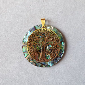 Pendentif rond en Abalone avec Arbre de vie doré