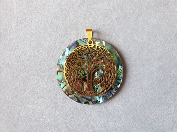 Pendentif rond en Abalone avec Arbre de vie doré