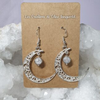 Boucles d'oreilles Lune en Cristal de roche craquelé