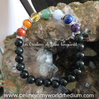 Bracelet des 7 chakras, pour la clairvoyance, en Obsidienne arc-en-ciel, Jaspe rouge, Agate rubanée orange, Citrine, Aventurine verte, Calcédoine bleue rubanée, Lapis-lazuli et Améthyste foncée