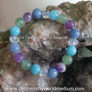 Bracelet pour la sérénité, la paix, l'intuition et la clairvoyance, en Aiguë marine, Améthyste claire, Aventurine bleue et Aventurine verte