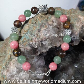 Bracelet pour les états de stress permanent et pour la surcharge de travail, en Rhodocrosite, Bronzite et Aventurine verte