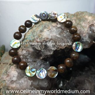 Bracelet pour les états de stress permanent, la protection et la sérénité, en Abalone et Bronzite