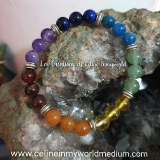 Bracelet des 7 chakras en Oeil-de-taureau, Aventurine orange, Citrine, Aventurine verte, Apatite bleue, Oeil-de-faucon et Améthyste claire