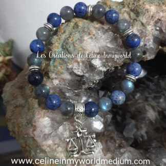 Bracelet pour atténuer les angoisses, la dépression et stimuler l'enthousiasme, en Dumortiérite et Labradorite spectrolite, avec signe astro Balance