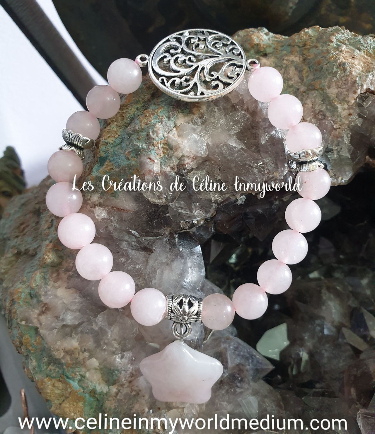 Bracelet pour augmenter l'intuition, en Quartz rose avec Arbre de vie et étoile (2)