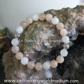 Bracelet pour favoriser l'éveil spirituel, le sommeil et atténuer la dépression, en Pierre de lune, Pierre de soleil naturelle et symbole AUM