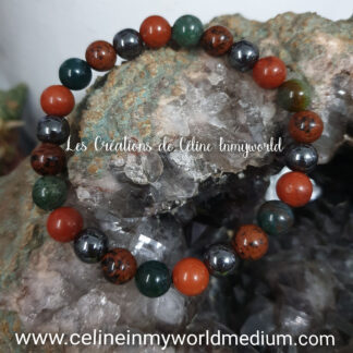 Bracelet pour la chance, le courage, et les problèmes liés au sang, en Hématite, Agate Indienne, Jaspe Rouge et Obsidienne Acajou