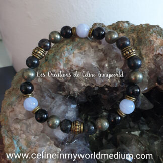Bracelet pour le développement personnel, en Calcédoine bleue rubanée, Tourmaline noire, Astrophyllite et Pyrite
