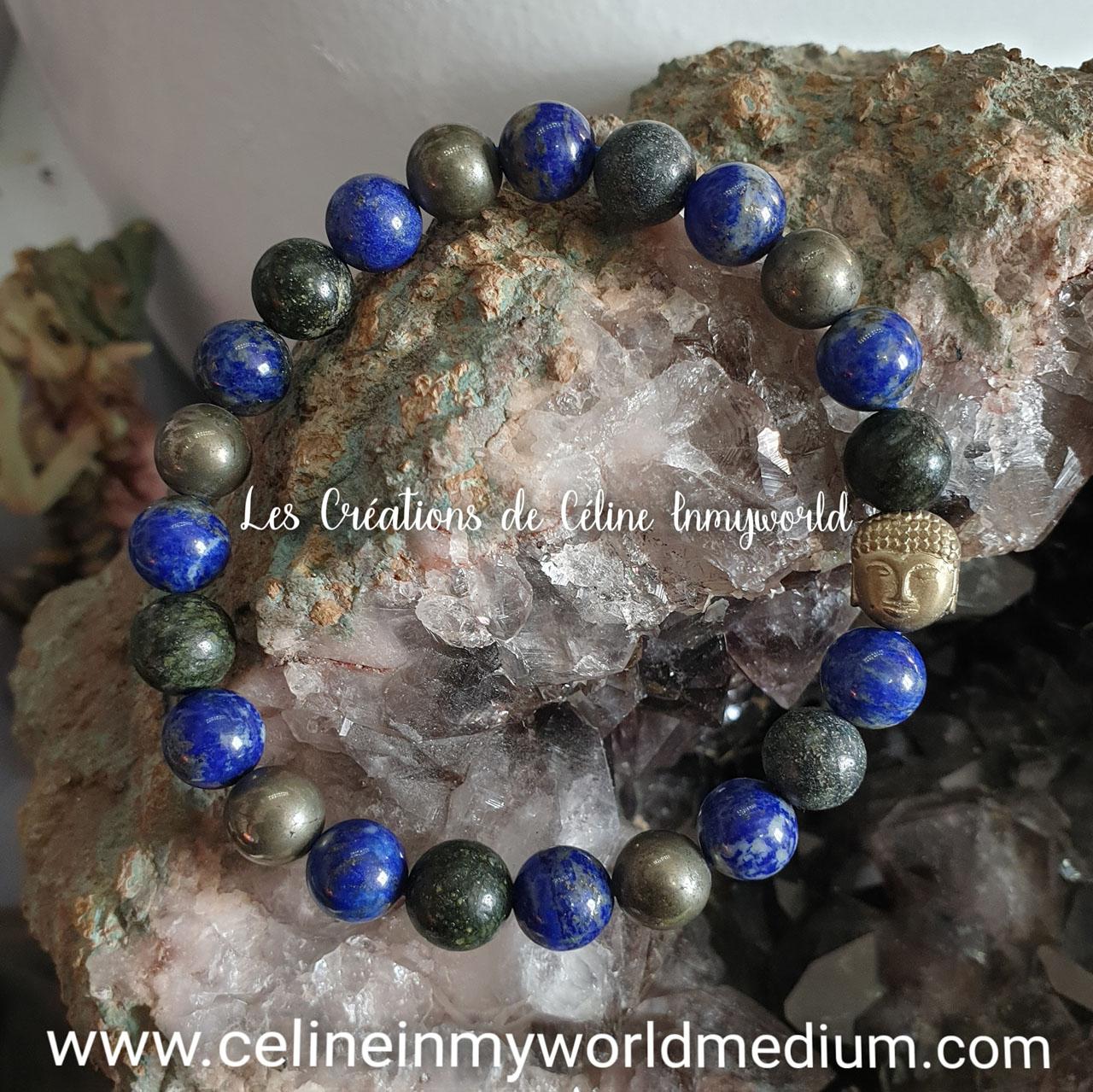 Bracelet pour le développement personnel, en Pyrite, Serpentine, Lapis-lazuli avec Calcite et Bouddha en Hématite plaquée Bronze