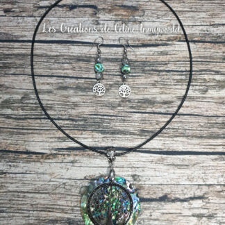 Parure collier et boucles d'oreilles pour la joie, la confiance en soi et la protection, en Abalone avec arbre de vie