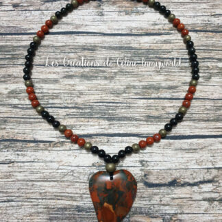 Collier pour la Clairvoyance et l'ancrage, en Jaspe Rouge, Obsidienne arc-en-ciel, hématite plaquée bronze et pendentif en Jaspe Volcanique