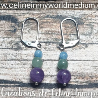 Boucles d'oreilles seules pour la clairvoyance, l'intuition et la paix, en Jade, Améthyste claire et Aigue-marine