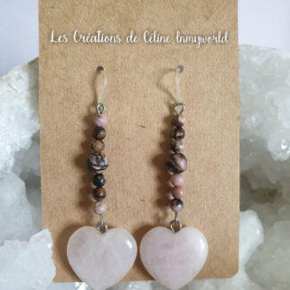 Boucles d'oreilles coeurs pour l'amour et le pardon, en Quartz rose et Rhodonite