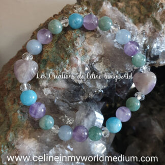 Bracelet seul pour la clairvoyance, l'intuition et la paix, en Jade, Améthyste claire et Aigue-marine
