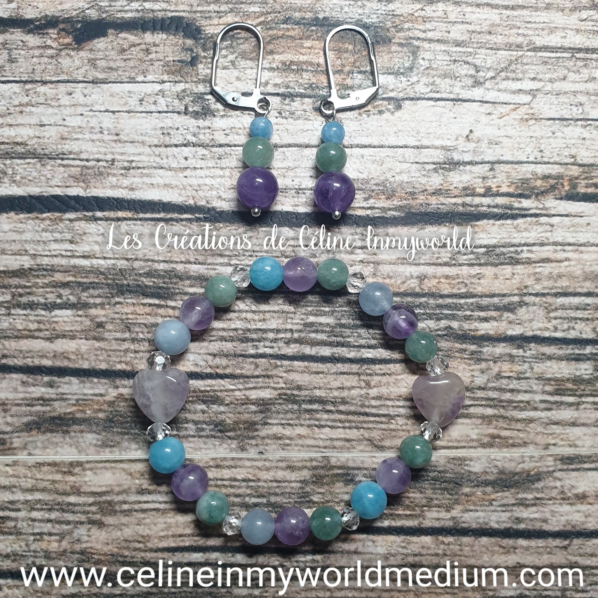 Parure pour la clairvoyance, l'intuition et la paix, en Jade, Améthyste claire et Aigue-marine