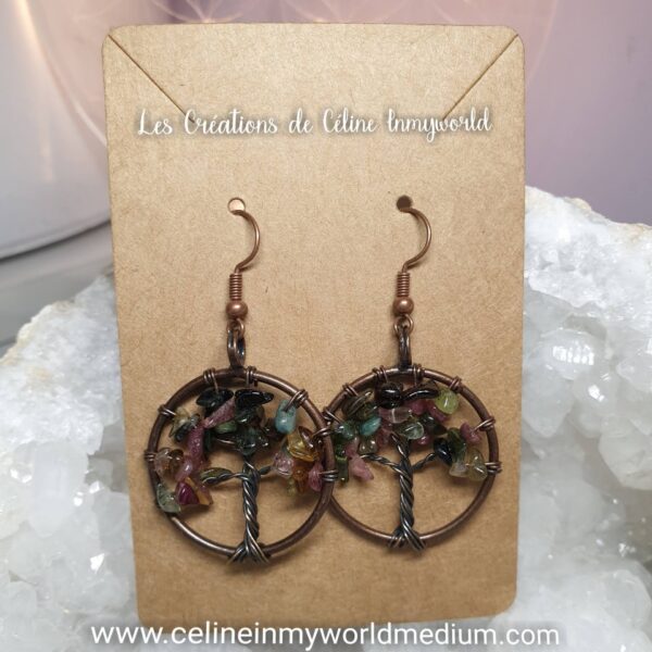 Boucles d'oreilles Arbre de vie bronze en Tourmaline Polychrome