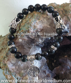 Bracelet de protection et d'ancrage en Obsidienne avec arbre de vie et têtes de dragons