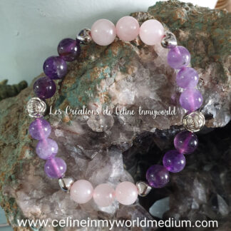 Bracelet pour l'éveil spirituel, l'intuition et la paix intérieure, en Améthyste claire, Améthyste foncée et Quartz rose, avec accessoires anti-allergie
