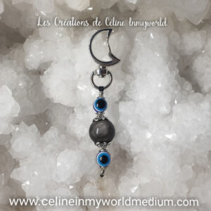Porte-clés talisman pour se protéger du mauvais oeil et des énergies négatives, en Obsidienne argentée