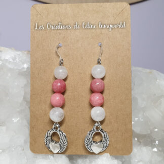 Boucles d'oreilles pour l'éveil spirituel, en Rhodocrosite et Pierre de lune, avec Coeurs ailés