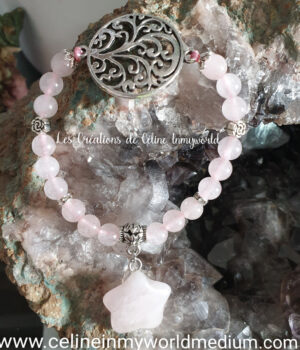 Bracelet pour l'intuition et la sensibilité en Quartz rose avec Arbre de vie et étoile