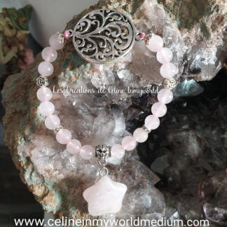 Bracelet pour l'intuition et la sensibilité en Quartz rose avec Arbre de vie et étoile