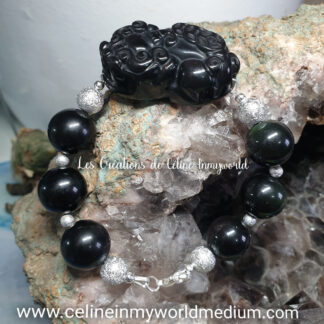 Bracelet pour la protection énergétique et la clairvoyance en Obsidienne arc-en-ciel avec Pixiu