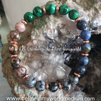 Bracelet pour le pardon et trouver un nouvel élan, en Malachite, Rhodonite, Dumortiérite et Obsidienne flocons de neige